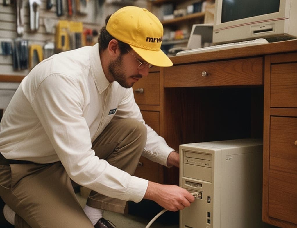 Mr. Wilson kneeling to install the fix on the shop computer.