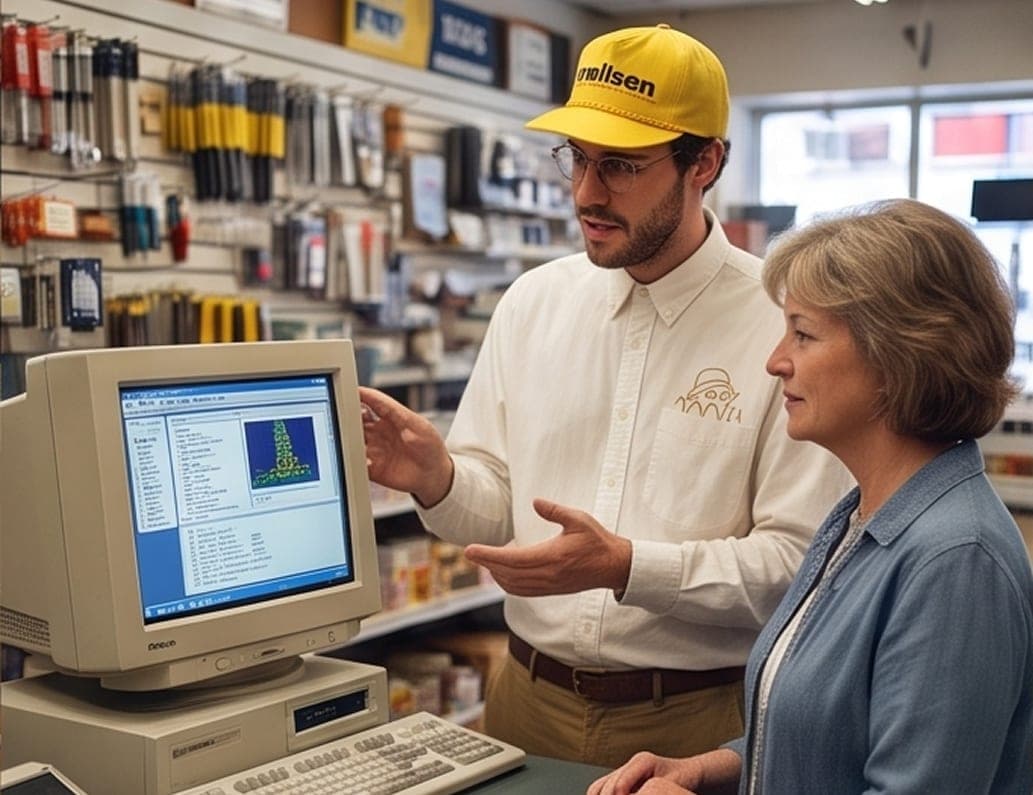 Mr. Wilson at the counter with a shop owner, walking through the one number on screen.