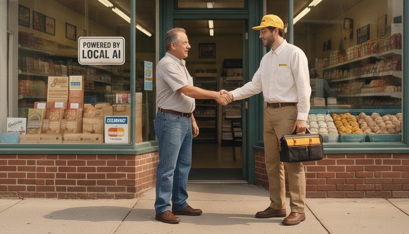 Mr. Wilson shaking hands with a shop owner outside their storefront, a Powered by Local AI sign in the window.